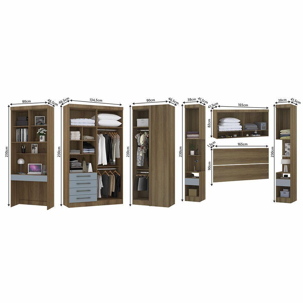 Quarto De Canto Casal Com Guarda Roupas Cabeceira E Bancada Home Office Paris Luciane Móveis Avelã Pf Com Grey Sky Pf - 4