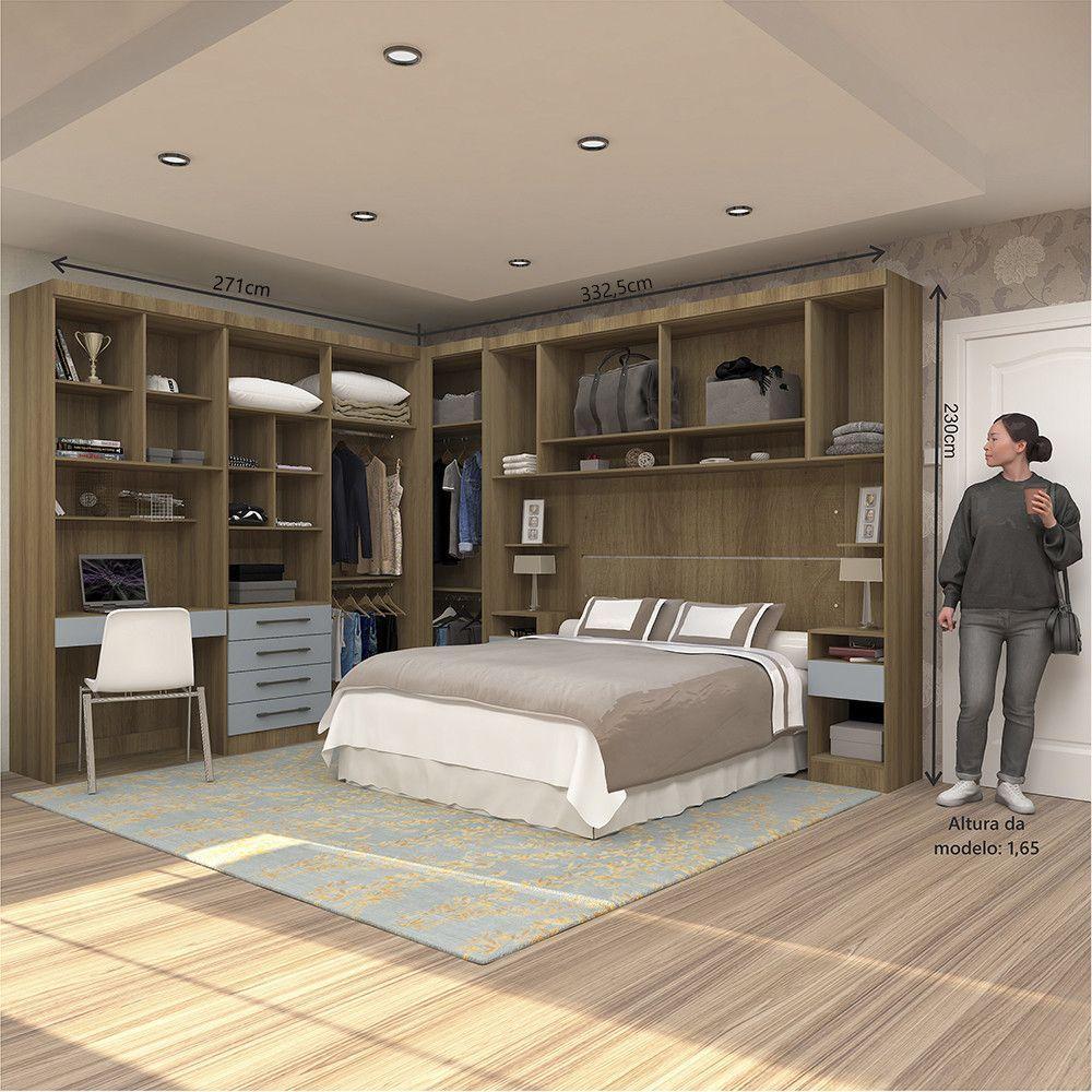 Quarto De Canto Casal Com Guarda Roupas Cabeceira E Bancada Home Office Paris Luciane Móveis Avelã Pf Com Grey Sky Pf - 5