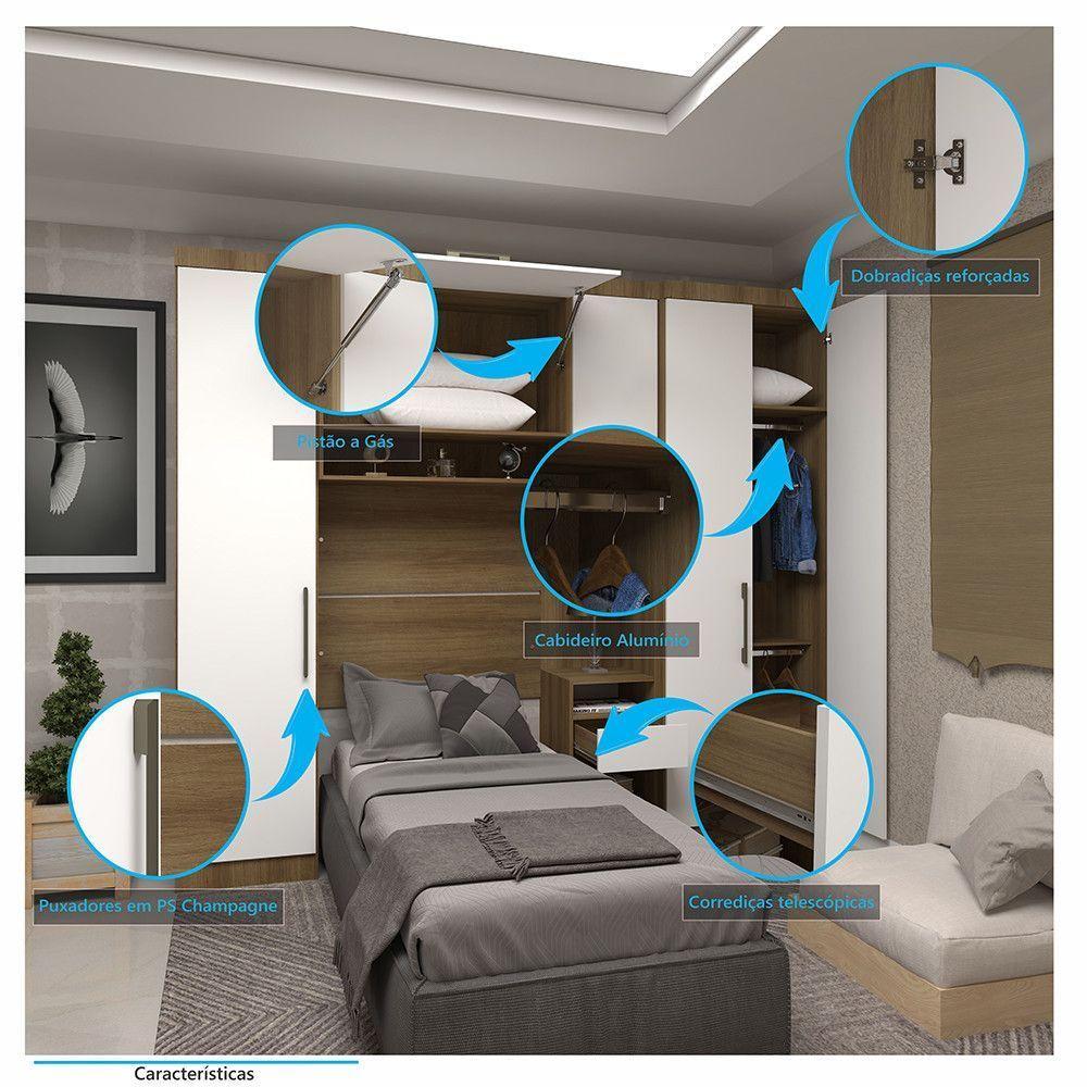 Quarto De Solteiro Com Guarda Roupas E Mesa De Cabeceira Paris Luciane Móveis Avelã Pf Com Branco Pf - 3