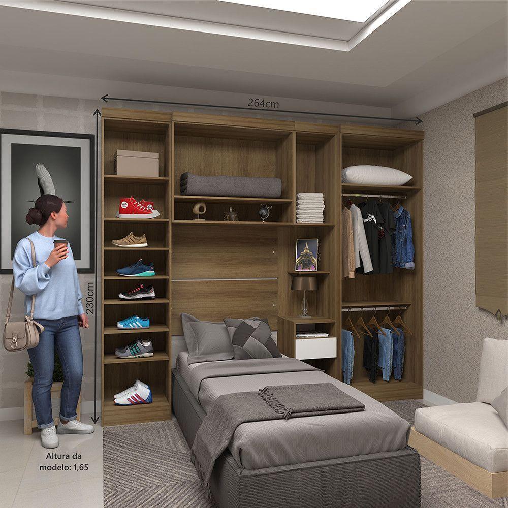 Quarto De Solteiro Com Guarda Roupas E Mesa De Cabeceira Paris Luciane Móveis Avelã Pf Com Branco Pf - 7