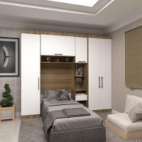 Quarto De Solteiro Com Guarda Roupas E Mesa De Cabeceira Paris Luciane Móveis Avelã Pf Com Branco Pf - 1