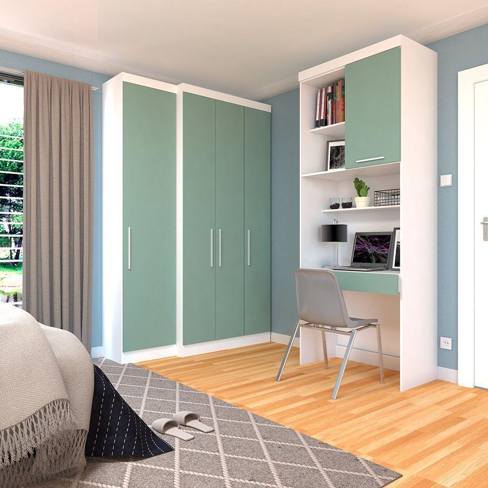 Quarto Home Office Com Guarda Roupas E Bancada De Estudos Alpes Luciane Móveis Branco Pf Com Verde Pf - 1