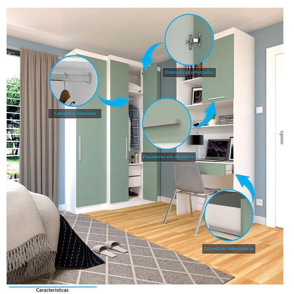 Quarto Home Office Com Guarda Roupas E Bancada De Estudos Alpes Luciane Móveis Branco Pf Com Verde Pf - 3