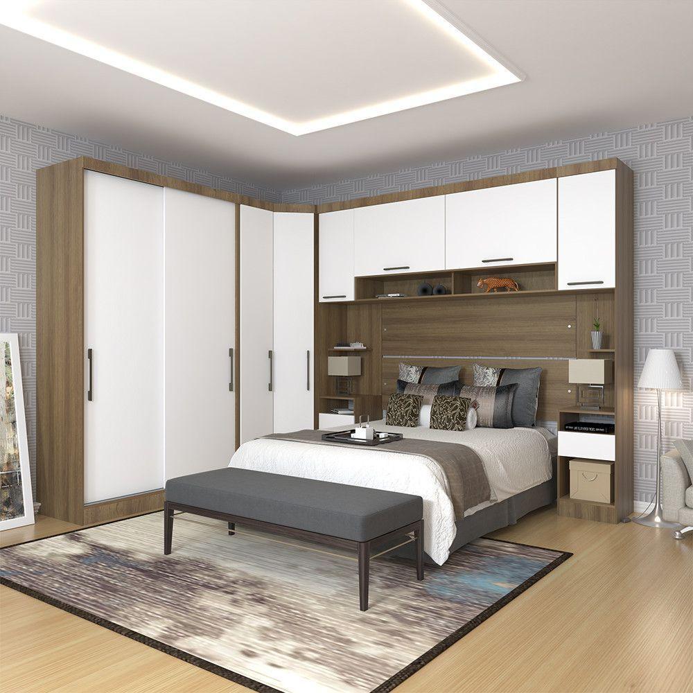 Quarto De Canto Casal Com Guarda Roupas Cabeceira E Mesas De Cabeceira Paris Luciane Móveis Avelã Pf Com Branco Pf - 1