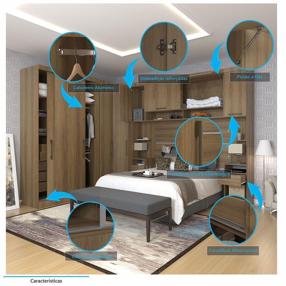 Quarto De Canto Casal Com Guarda Roupas Cabeceira E Mesas De Cabeceira Paris Luciane Móveis Avelã Pf Com Branco Pf - 4