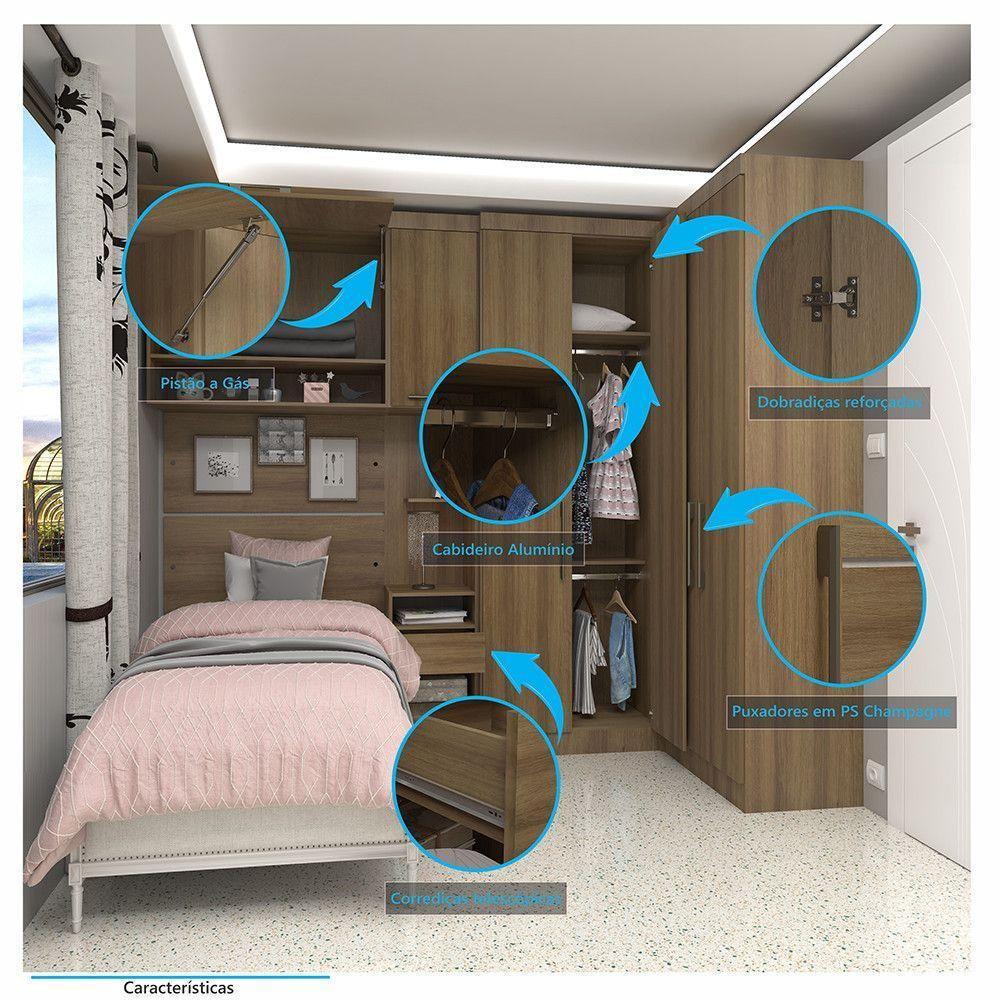 Quarto De Canto Solteiro Com Guarda Roupas Cabeceira E Mesa De Cabeceira Paris Luciane Móveis Avelã Pf Com Avelã Pf - 6