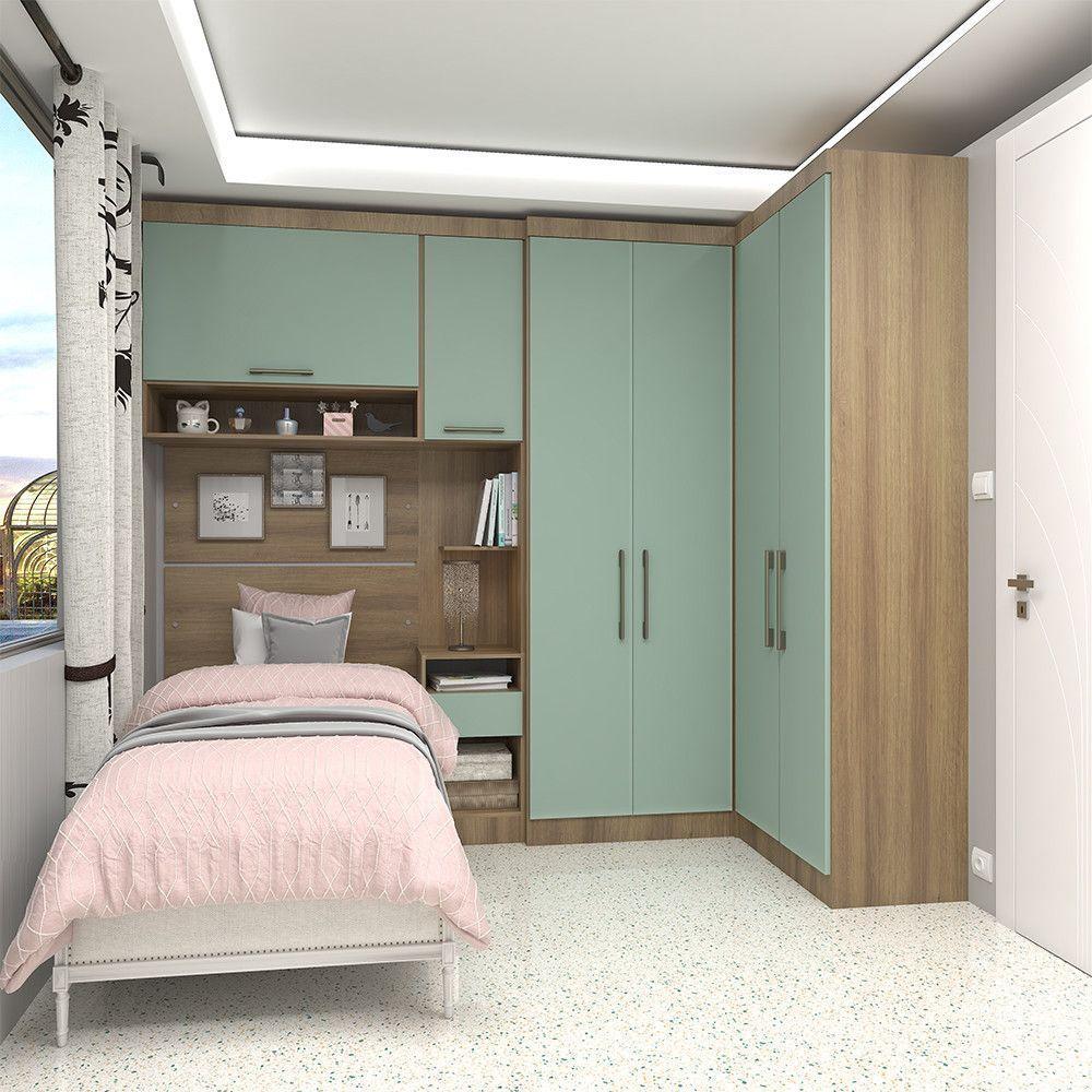 Quarto De Canto Solteiro Com Guarda Roupas Cabeceira E Mesa De Cabeceira Paris Luciane Móveis Avelã Pf Com Verde Pf - 1