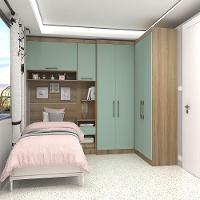 Quarto De Canto Solteiro Com Guarda Roupas Cabeceira E Mesa De Cabeceira Paris Luciane Móveis Avelã Pf Com Verde Pf - 1