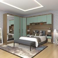 Quarto De Canto Casal Com Guarda Roupas Com Espelho E Mesas De Cabeceira Paris Luciane Móveis Avelã Pf Com Verde Pf - 1