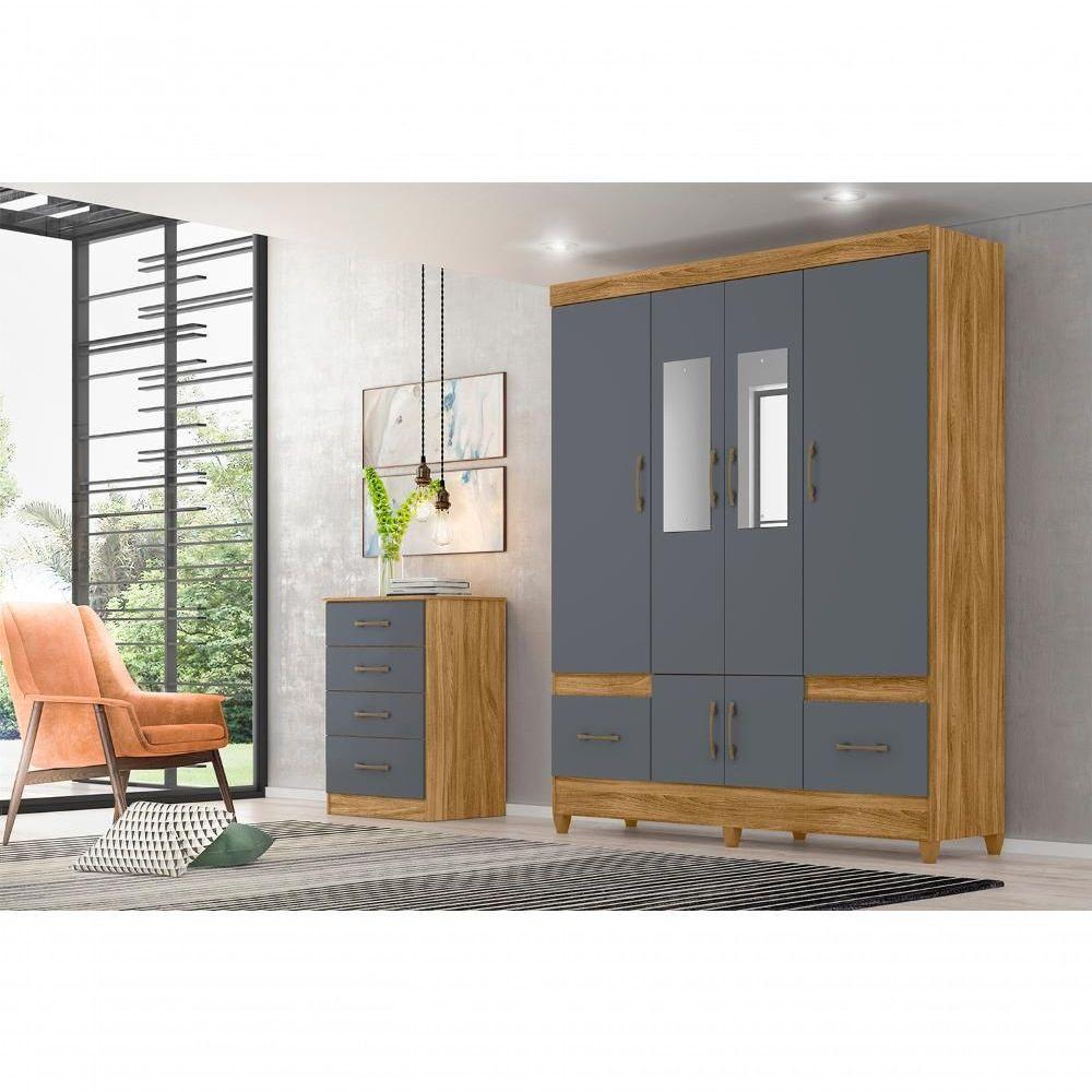 Jogo Gaveteiro E Roupeiro Guilin Com Espelho Freijó Cinza - 7