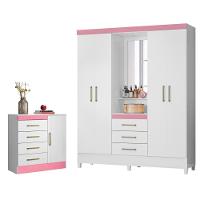 Jogo De Quarto Roupeiro E Comoda Munique Branco Rosa - 1