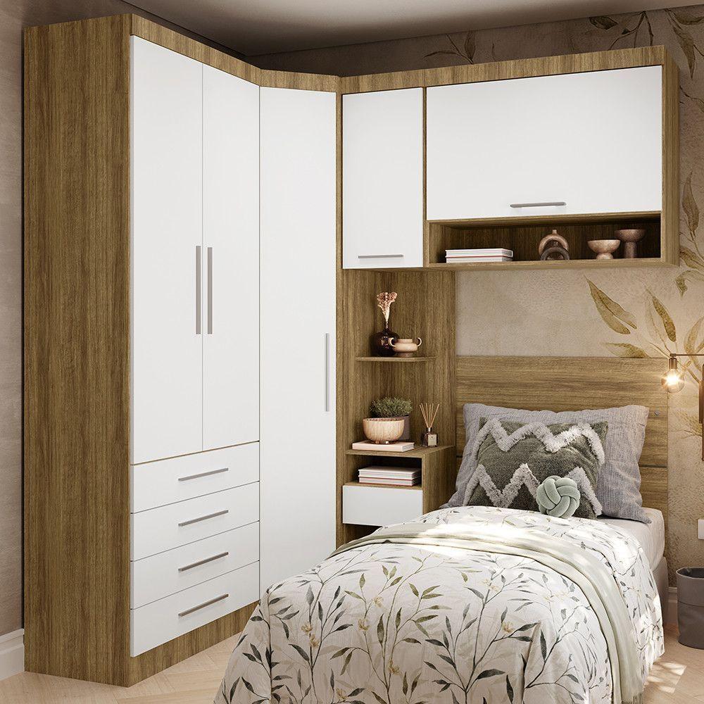 Quarto De Canto Solteiro Com Guarda Roupas Cabeceira Paris Luciane Móveis Avelã Pf Com Branco Pf - 1