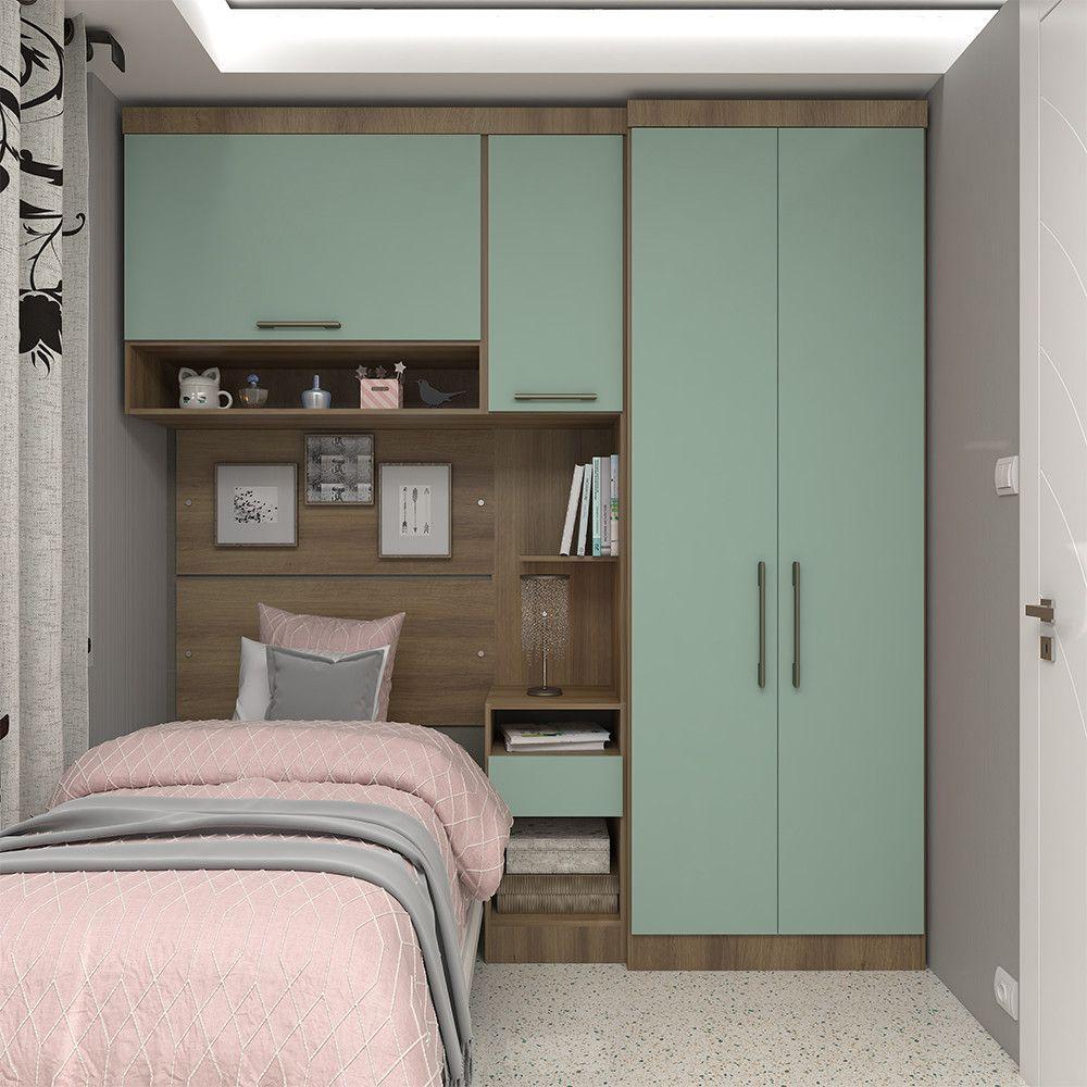 Quarto De Solteiro Com Guarda Roupas Mesa De Cabeceira E Nicho Paris Luciane Móveis Avelã Pf Com Verde Pf - 1