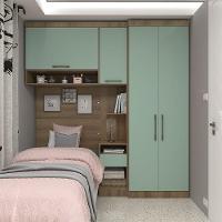 Quarto De Solteiro Com Guarda Roupas Mesa De Cabeceira E Nicho Paris Luciane Móveis Avelã Pf Com Verde Pf - 1