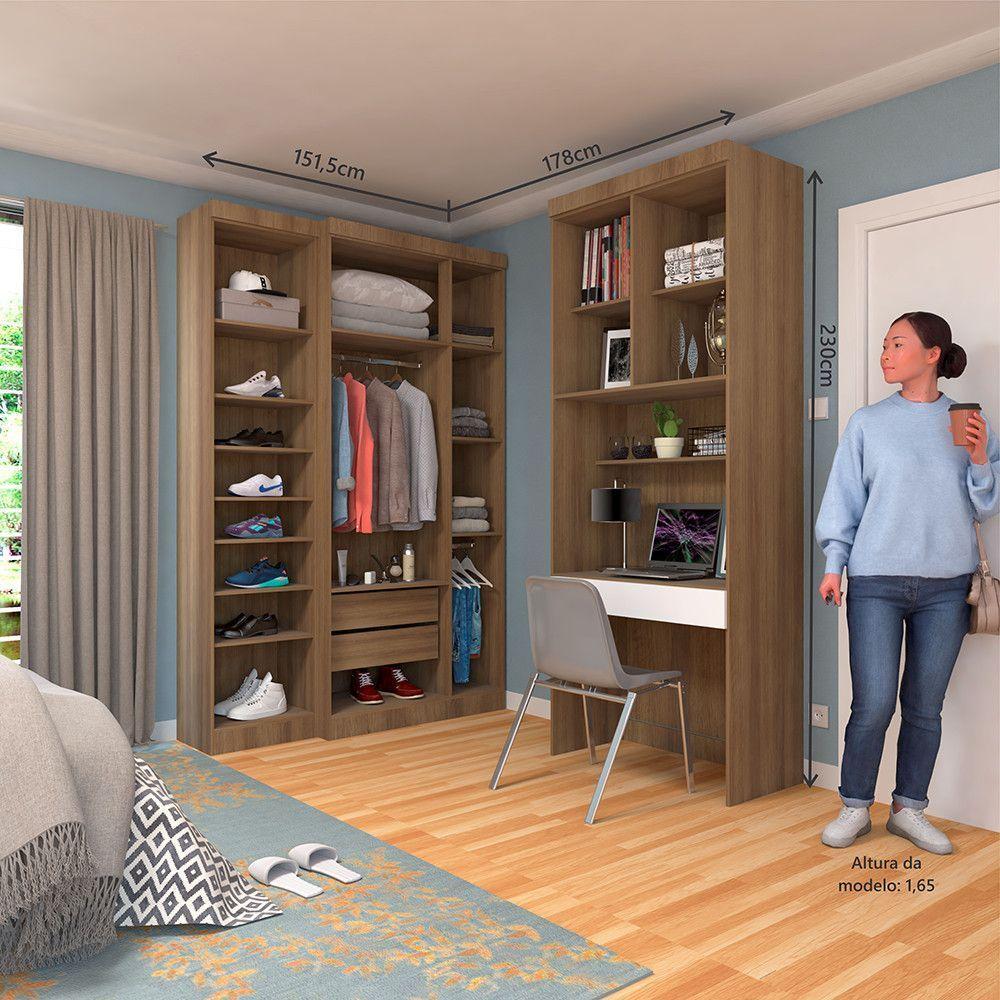 Quarto Home Office Com Guarda Roupas E Bancada De Estudos Paris Luciane Móveis Avelã Pf Com Branco Pf - 5