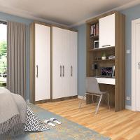 Quarto Home Office Com Guarda Roupas E Bancada De Estudos Paris Luciane Móveis Avelã Pf Com Branco Pf - 1