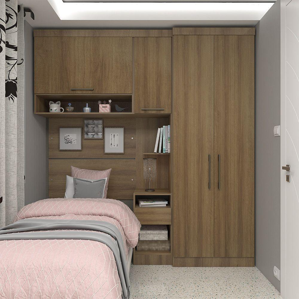 Quarto De Solteiro Com Guarda Roupas Mesa De Cabeceira E Nicho Paris Luciane Móveis Avelã Pf Com Avelã Pf - 1