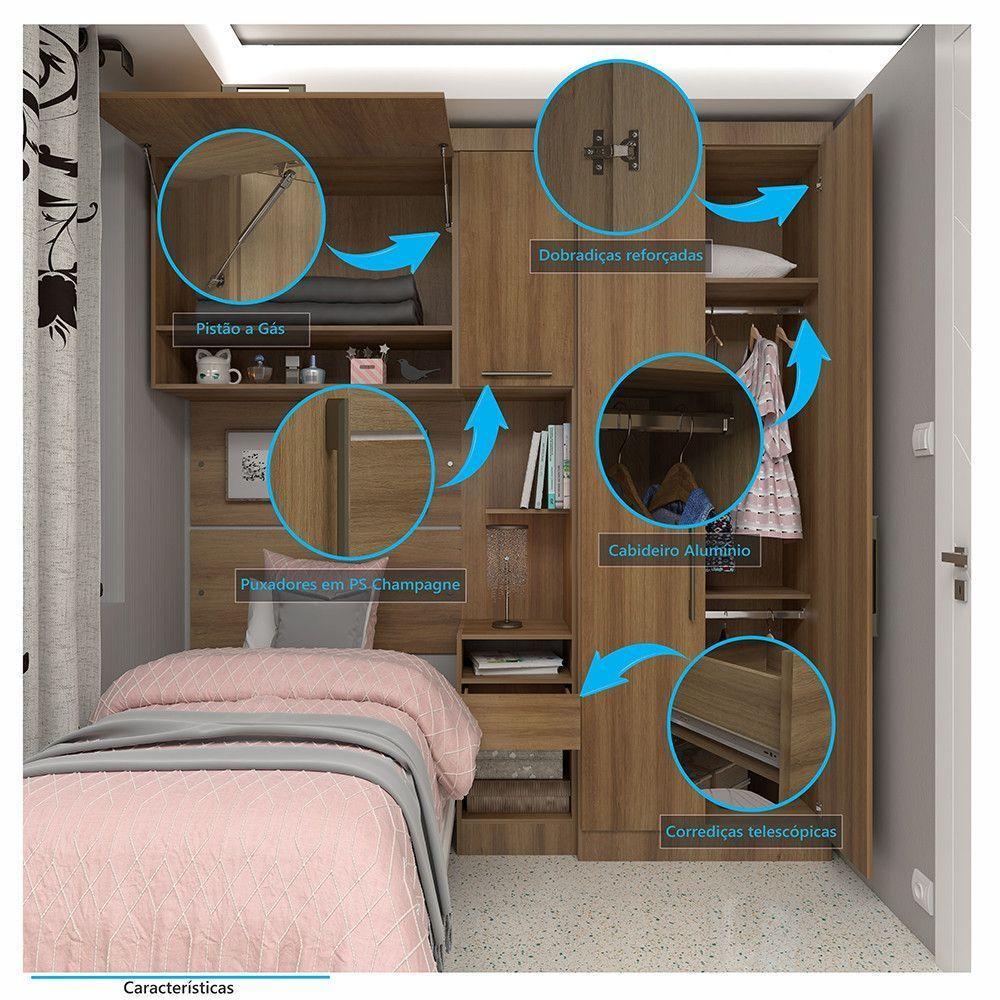 Quarto De Solteiro Com Guarda Roupas Mesa De Cabeceira E Nicho Paris Luciane Móveis Avelã Pf Com Avelã Pf - 3