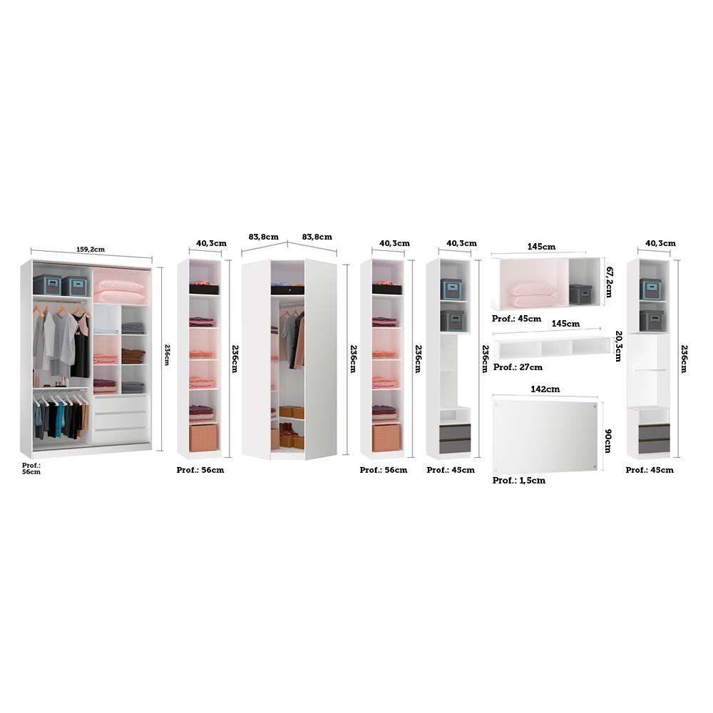 Quarto De Casal Com 8 Módulos Prime Plus Luciane Móveis Branco Ff/cinza Puro - 4