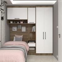 Quarto De Solteiro Com Guarda Roupas Mesa De Cabeceira E Nicho Paris Luciane Móveis Avelã Pf Com Branco Pf - 1