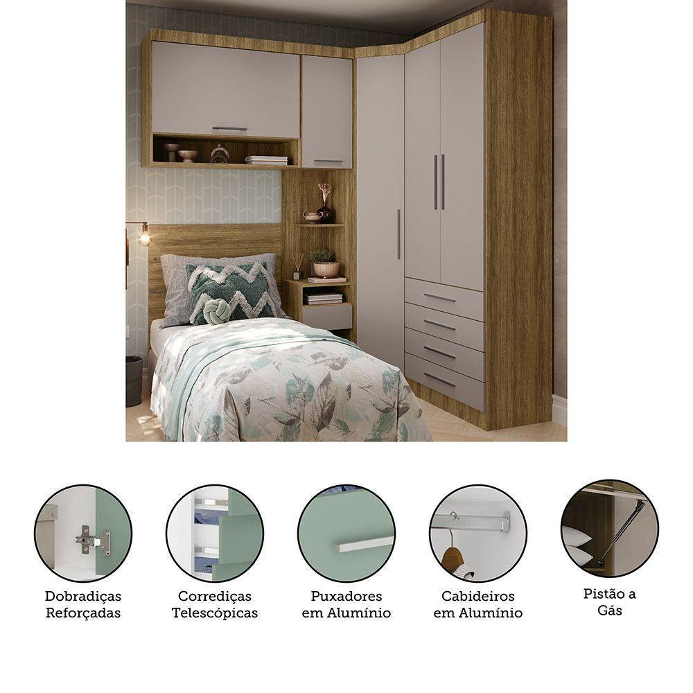 Quarto De Canto Solteiro Com Guarda Roupas Cabeceira Paris Luciane Móveis Avelã Pf Com Cinammon Pf - 3