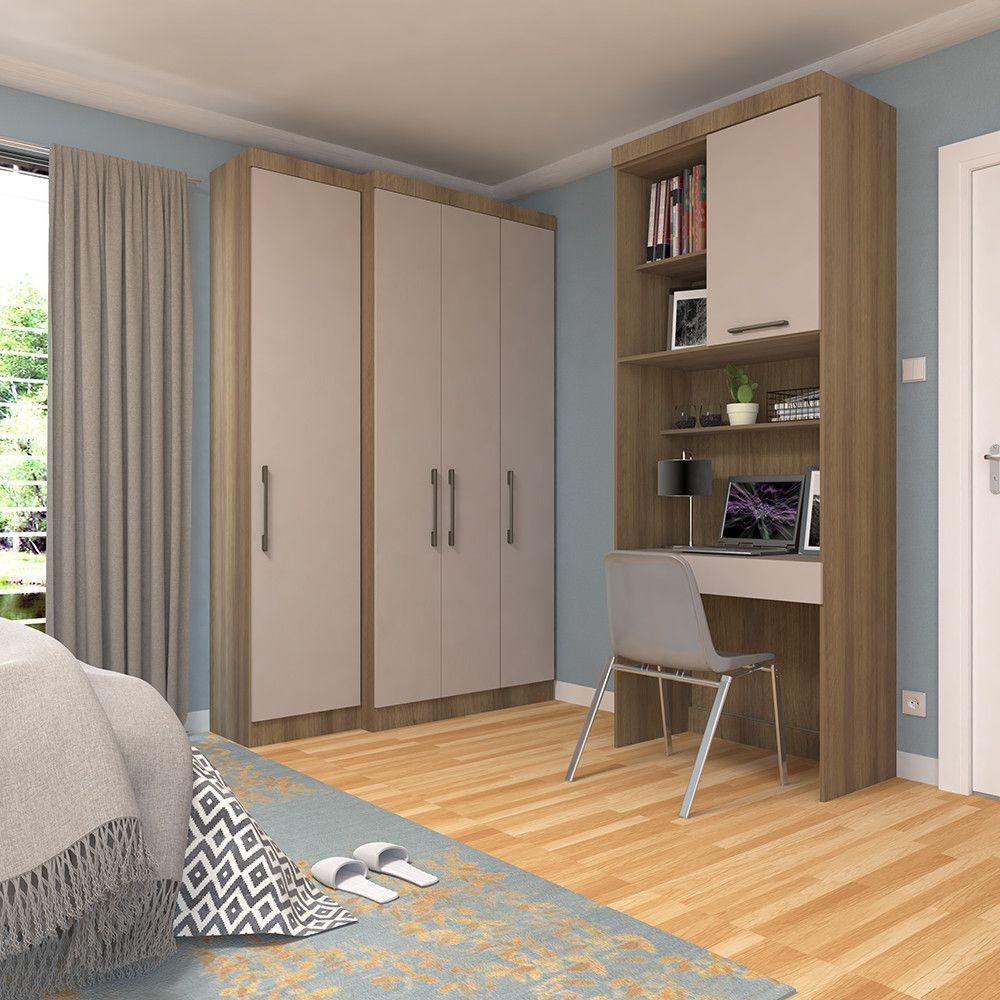 Quarto Home Office Com Guarda Roupas E Bancada De Estudos Paris Luciane Móveis Avelã Pf Com Cinammon Pf - 1