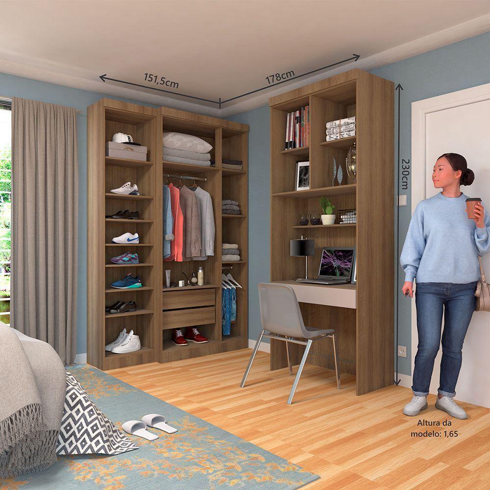 Quarto Home Office Com Guarda Roupas E Bancada De Estudos Paris Luciane Móveis Avelã Pf Com Cinammon Pf - 3