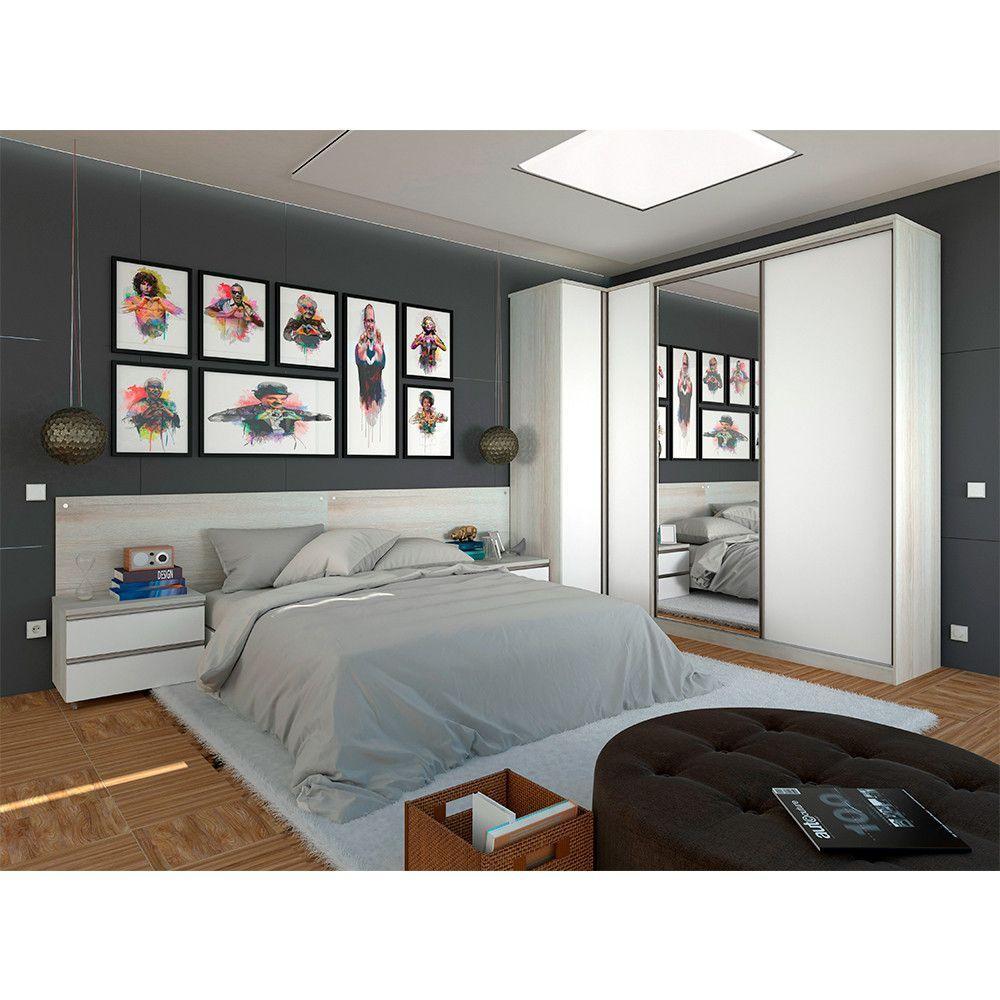 Quarto De Casal Com Guarda Roupa Com Espelho, Cabeceira E Mesa De Cabeceira Prime Legno Crema Com Branco - 2