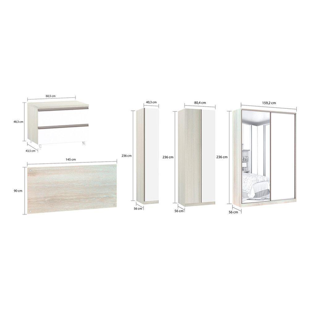 Quarto De Casal Com Guarda Roupa Com Espelho, Cabeceira E Mesa De Cabeceira Prime Legno Crema Com Branco - 8