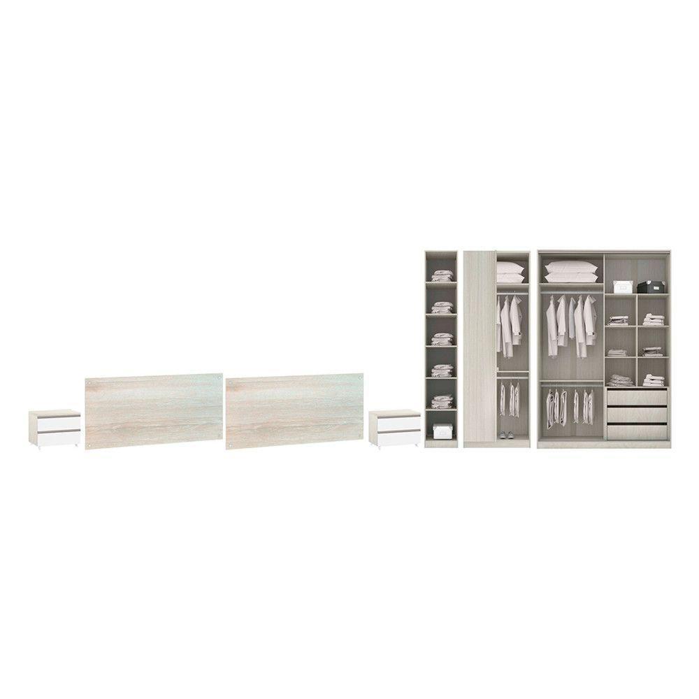 Quarto De Casal Com Guarda Roupa Com Espelho, Cabeceira E Mesa De Cabeceira Prime Legno Crema Com Branco - 10