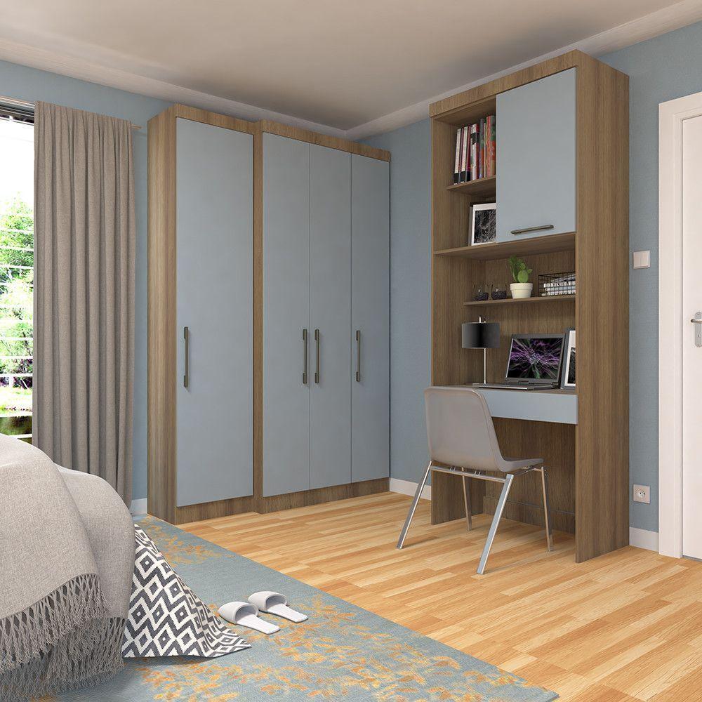 Quarto Home Office Com Guarda Roupas E Bancada De Estudos Paris Luciane Móveis Avelã Pf Com Grey Sky Pf - 1