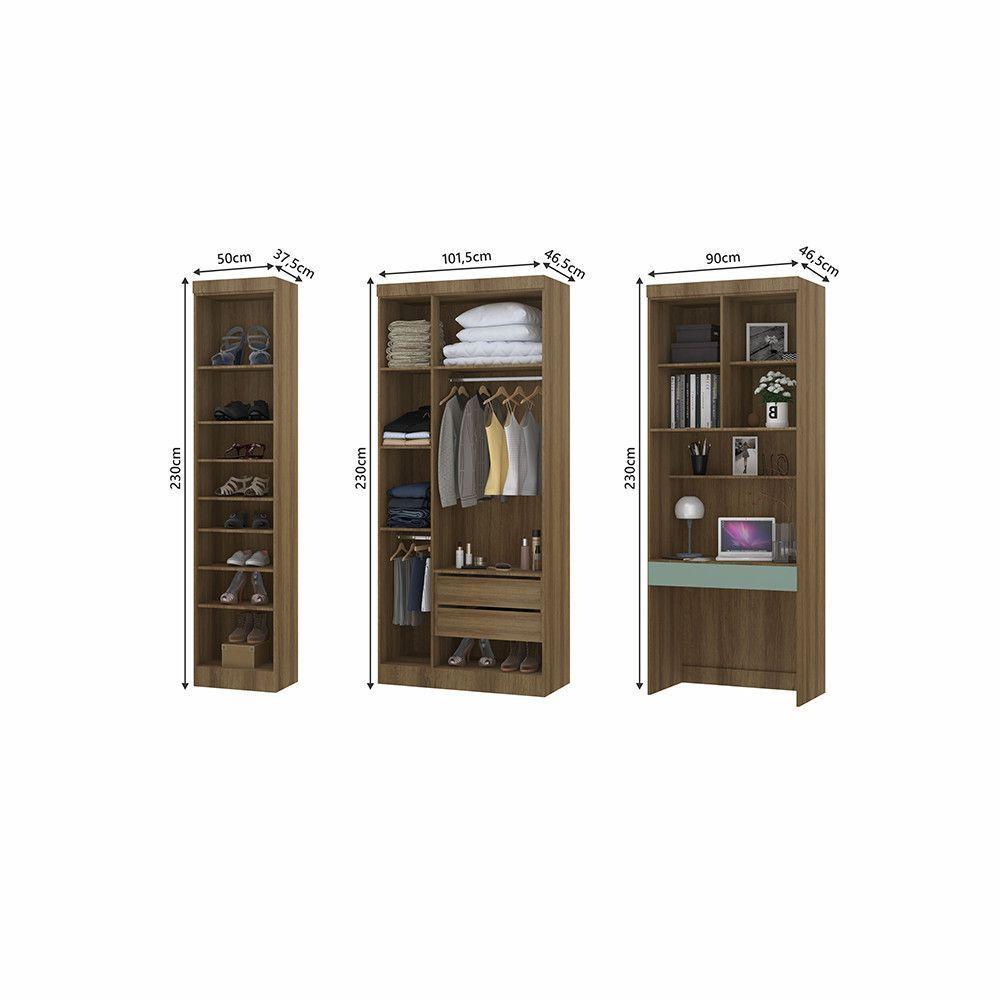 Quarto Home Office Com Guarda Roupas E Bancada De Estudos Paris Luciane Móveis Avelã Pf Com Verde Pf - 3