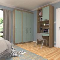 Quarto Home Office Com Guarda Roupas E Bancada De Estudos Paris Luciane Móveis Avelã Pf Com Verde Pf - 1