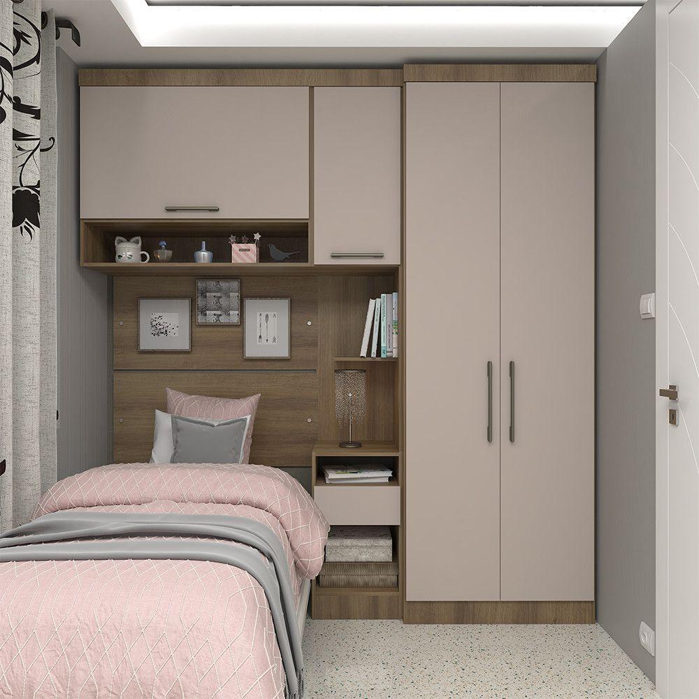 Quarto De Solteiro Com Guarda Roupas Mesa De Cabeceira E Nicho Paris Luciane Móveis Avelã Pf Com Cinammon Pf - 1