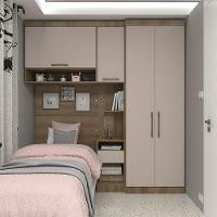 Quarto De Solteiro Com Guarda Roupas Mesa De Cabeceira E Nicho Paris Luciane Móveis Avelã Pf Com Cinammon Pf - 1
