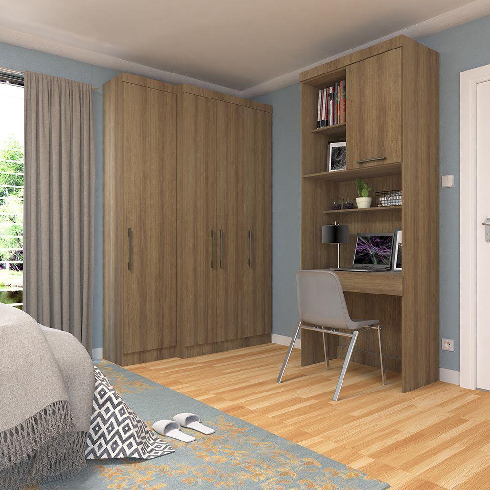 Quarto Home Office Com Guarda Roupas E Bancada De Estudos Paris Luciane Móveis Avelã Pf Com Avelã Pf - 1
