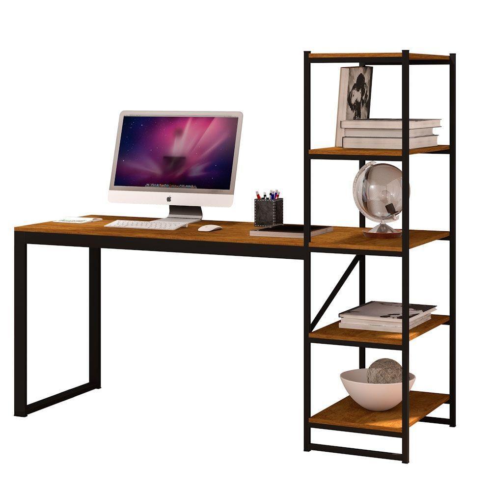 Mesa Para Escritório Com Estante Mega Preto Canela Rustico - 1