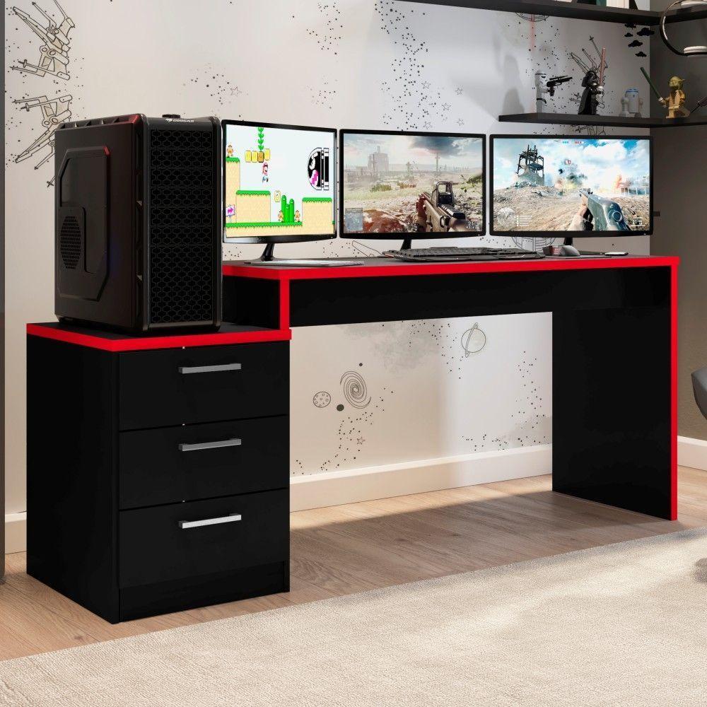 Mesa Gamer Com Gaveteiro Versátil Patrick Preto Vermelho - 1
