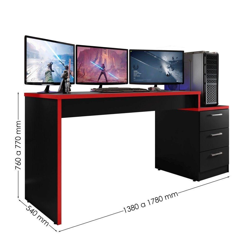 Mesa Gamer Com Gaveteiro Versátil Patrick Preto Vermelho - 3