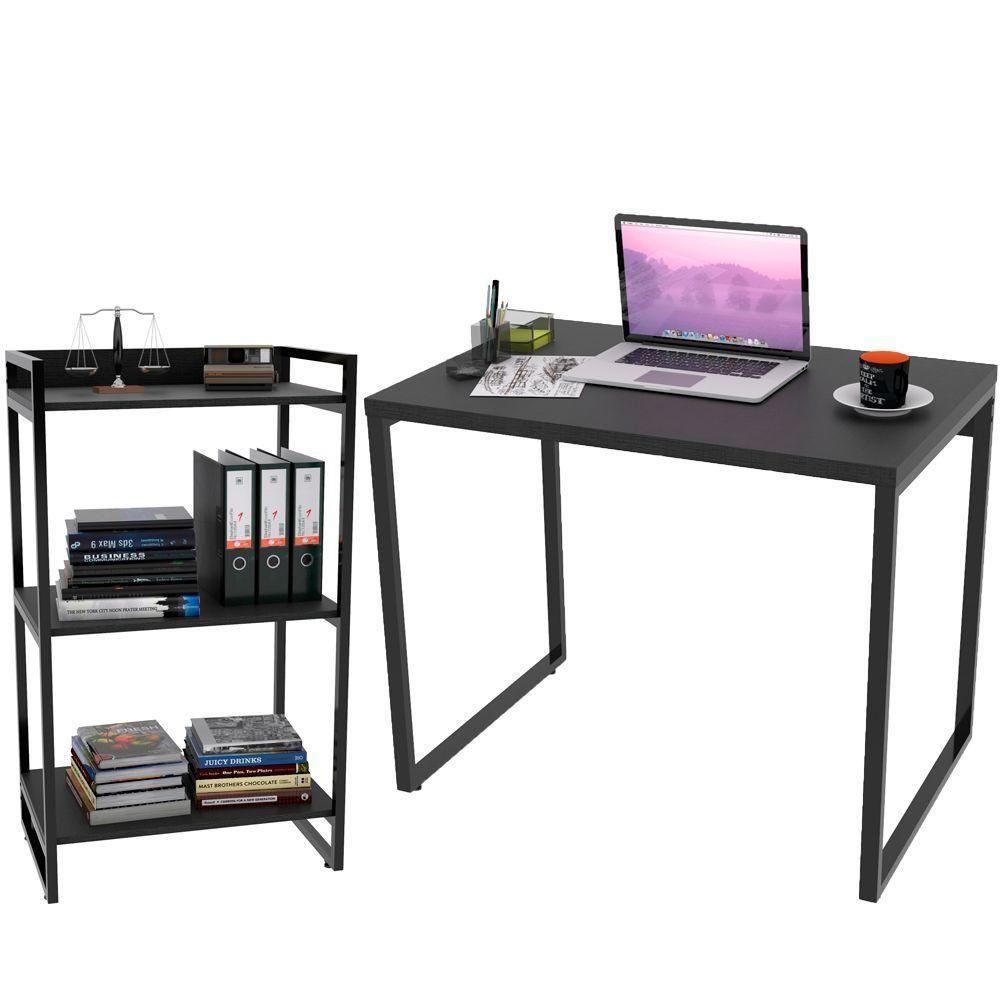 Kit Mesa Para Escritório Com Estante 90 Cm Preto Onix - 1