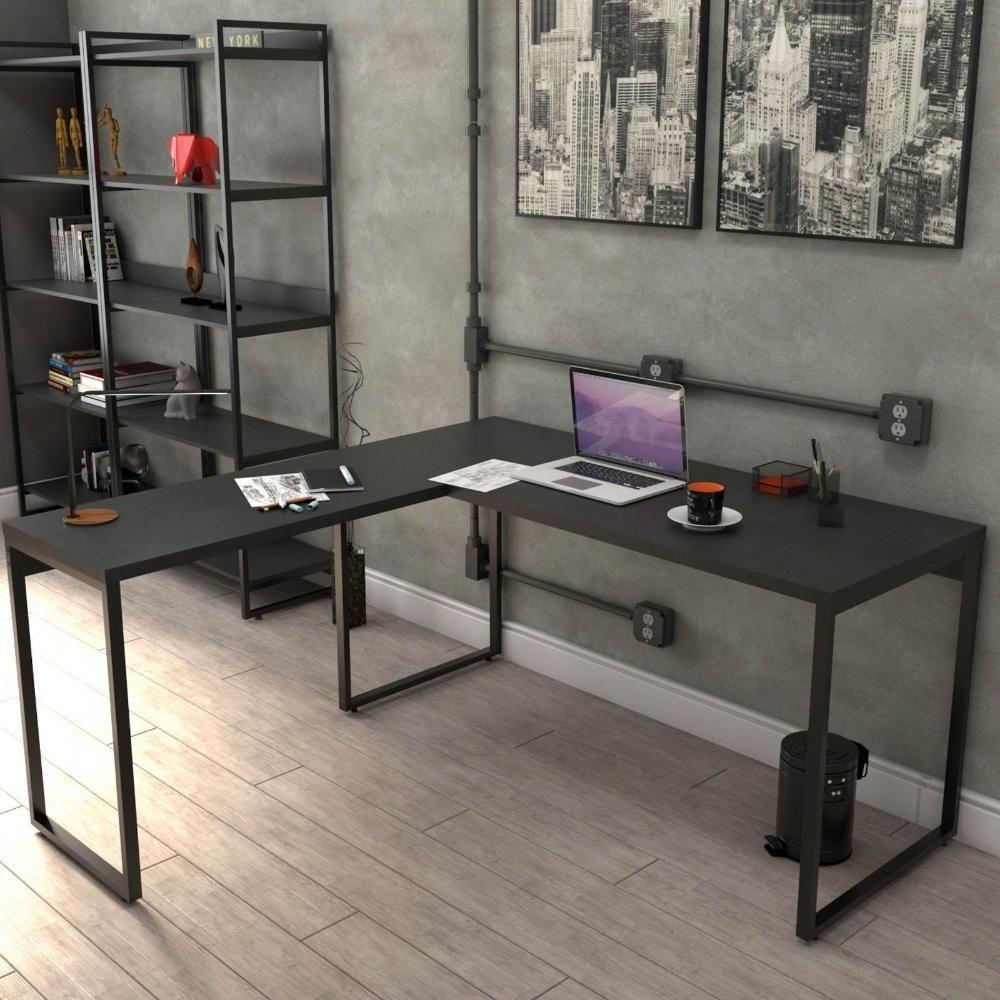 Kit Mesa Para Escritório Em L Com 2 Estantes Preto - 9