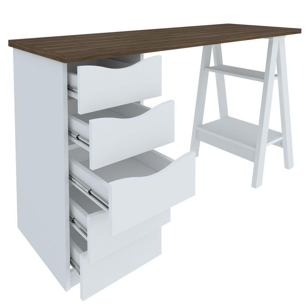 Mesa P/ Escritório Escrivaninha 5 Gavetas Nogal Branco - 4