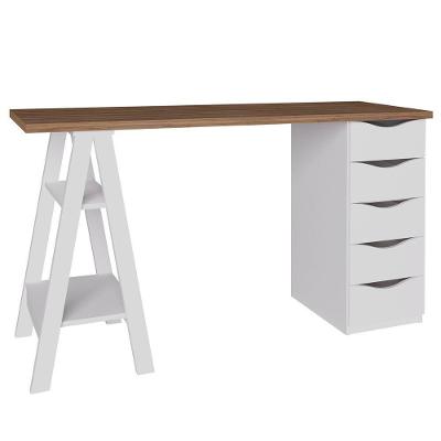 Mesa para Escritório Retangular Spirit Nogal A02 5 Gavetas MDF 136cm Branco
