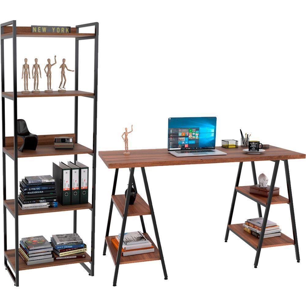 Kit Mesa Cavalete 135 Cm Com Estante 5 Prateleiras Nogal - 1