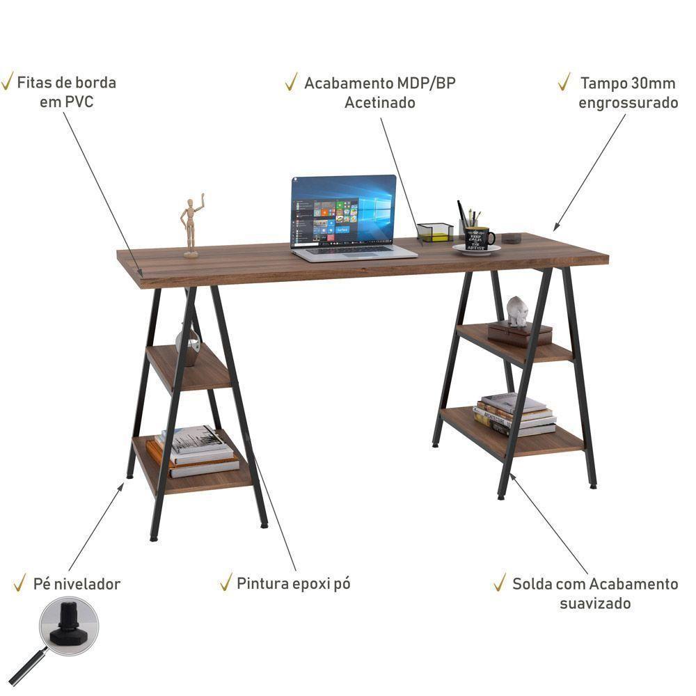 Kit Mesa Cavalete 150 Cm Com Estante 5 Prateleiras Nogal - 3