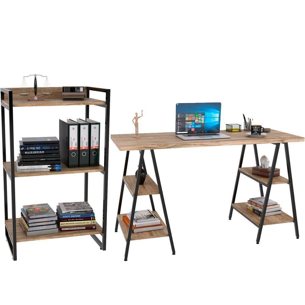 Kit Mesa Cavalete 135 Cm Com Estante 3 Prateleiras Carvalho - 1