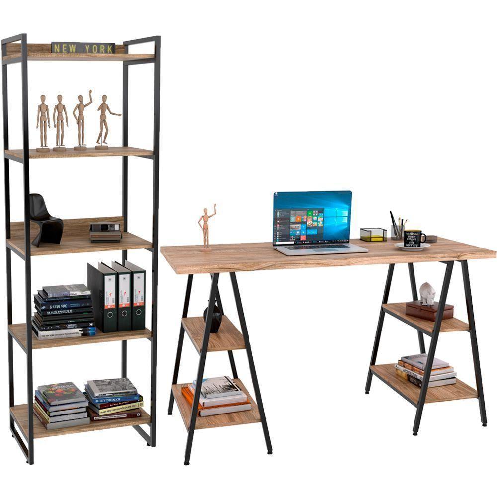 Kit Mesa Cavalete 135 Cm Com Estante 5 Prateleiras Carvalho - 1