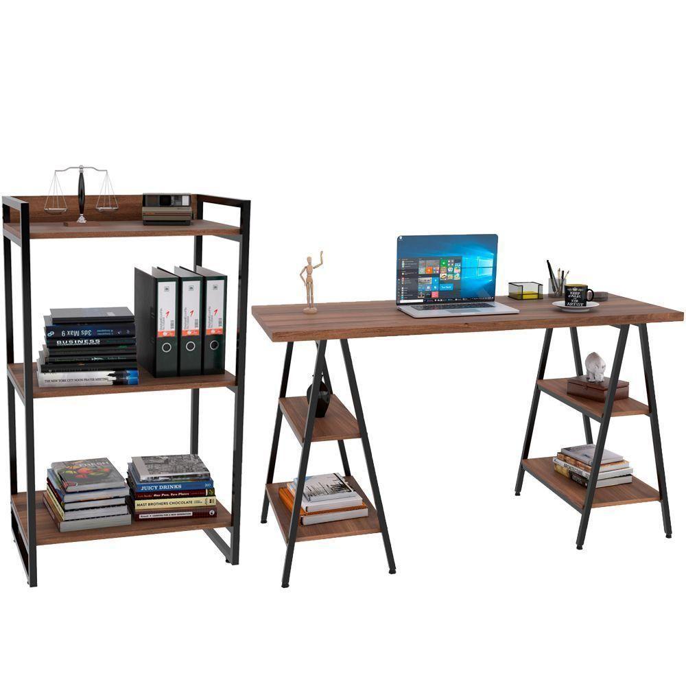Kit Mesa Cavalete 135 Cm Com Estante 3 Prateleiras Nogal - 1