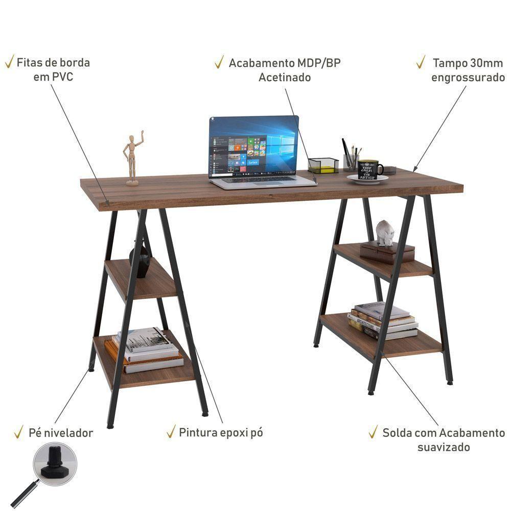 Kit Mesa Cavalete 135 Cm Com Estante 3 Prateleiras Nogal - 3