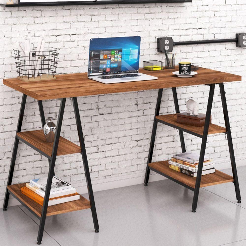 Kit Mesa Cavalete 135 Cm Com Estante 3 Prateleiras Nogal - 8